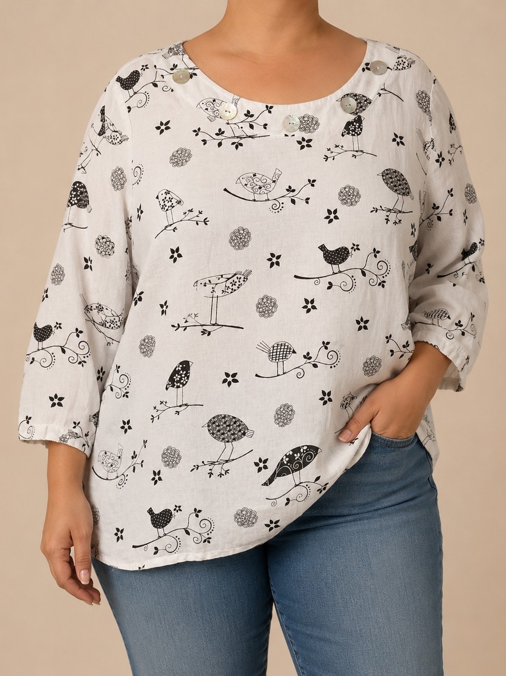Hot Cotton 1X Linen Cotton Bird Print Tunic Blouse Boho Floral Button Top